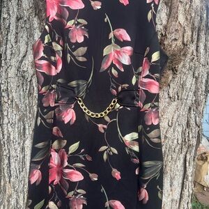 Floral Black Dress with Gold Chain Detail